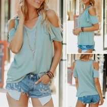 Sexy Off-shoulder Short Sleeve V-neck Solid Color T-shirt 