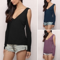 Sexy Backless V-neck Off-shoulder Long Sleeve T-shirt 