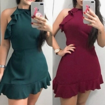 Sexy Backless Ruffle Hem Solid Color Halter Dress