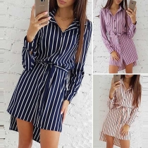 Fashion Long Sleeve POLO Collar High-low Hem Striped Shirt Dress(It falls small)