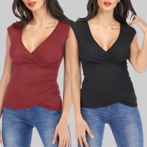Sexy Deep V-neck Sleeveless Irregular Hem Slim Fit T-shirt 