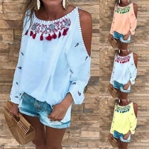 Sexy Off-shoulder Long Sleeve Round Neck Printed Loose T-shirt 