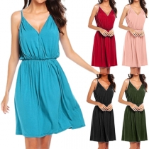 Sexy V-neck High Waist Solid Color Sling Dress