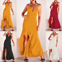 Sexy Backless V-neck Irregular Ruffle Hem Sling Dress