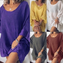 Fashion Trumpet Sleeve Round Neck Ruffle Hem Loose Dress