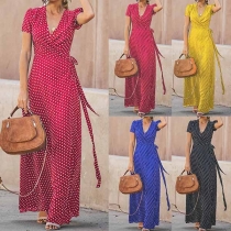 Sexy V-neck Short Sleeve High Waist Dots Printed Maxi Dress