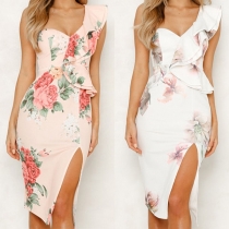 Sexy One-shoulder Slit Hem Slim Fit Printed Ruffle Dress