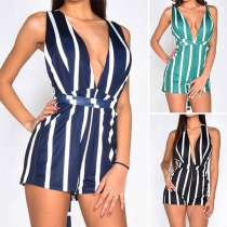 Sexy Backless Deep V-neck Slim Fit Striped Romper 