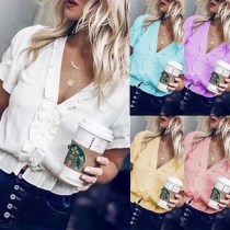 Sexy V-neck Short Sleeve Solid Color Ruffle Blouse 