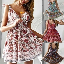 Sexy Backless V-neck Printed Sling Dress
