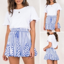 Fashion High Waist Ruffle Hem Striped Mini Skirt 