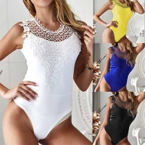 Sexy Hollow Out Gauze Spliced Sleeveless Round Neck Bodysuit 