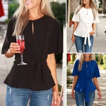 Sweet Style Lotus Sleeve Round Neck Lace-up Solid Color T-shirt 