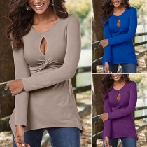 Sexy Hollow Out Twsited Long Sleeve Irregular Hem T-shirt 