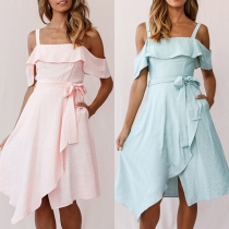 Sexy Off-shoulder Irregular Hem Solid Color Sling Dress