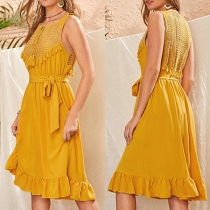 Sexy Lace Spliced Backless Sleeveless Solid Color Dress