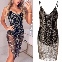 Sexy Backless V-neck Sequin Spliced Slim Fit Sling Romper 