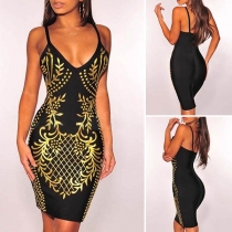 Sexy Backless V-neck Gold-tone Printed Slim Fit Sling Dress