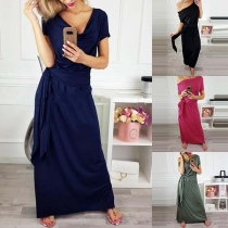 Elegant Solid Color Short Sleeve Cowl Neck Maxi Dress