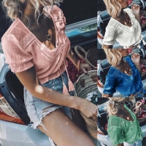 Fashion Solid Color Short Sleeve Lace-up V-neck T-shirt 