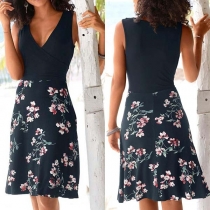 Sexy V-neck Sleeveless Printed Spliced Hem Dress