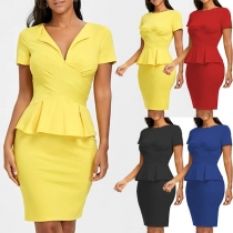 OL Style Short Sleeve High Waist Ruffle Slim Fit Dress