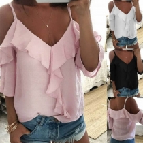 Sexy Off-shoulder Short Sleeve V-neck Ruffle Sling Top 