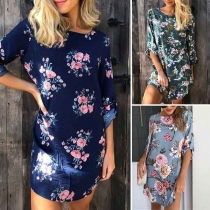 Fashion 3/4 Sleeve Round Neck Printed Dress