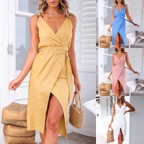 Sexy Backless V-neck Slit Hem Solid Color Sling Dress