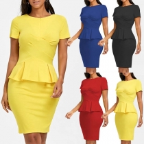 OL Style Short Sleeve V-neck Ruffle Slim Fit Dress