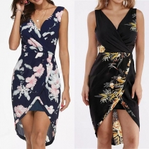 Sexy V-neck Sleeveless High-low Hem Slim Fit Printed Dress