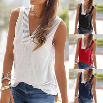Fashion Sleeveless V-neck Lace Spliced Tank Top 