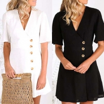 Fashion Solid Color Short Sleeve V-neck Front-button Dress