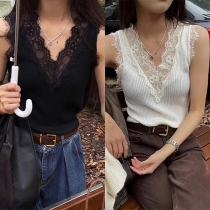 Sexy Lace Spliced V-neck Solid Color Tank Top
