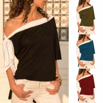 Sexy Lace-up Oblique Shoulder Contrast Color T-shirt 