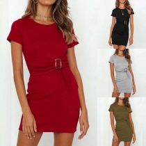 Elegant Solid Color Short Sleeve Slim Fit Dress