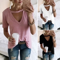 Fashion Solid Color Short Sleeve V-neck T-shirt 