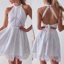 Sexy Backless High Waist Halter Lace Dress