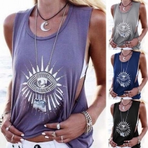 Fashion Printed Side Hollow Out Printed Tank Top 