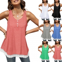 Fashion Lace Spliced Hem Solid Color Slim Fit Tank Top