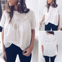 Fashion Solid Color Short Sleeve Round Neck Hollow Out Top 