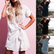 Sexy V-neck Short Sleeve Side Lace-up Solid Color Dress