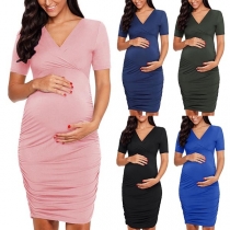 Elegant Solid Color Short Sleeve V-neck Maternity Dress