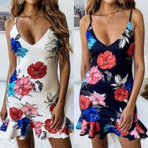 Sexy Backless V-neck Ruffle Hem Slim Fit Printed Sling Dress