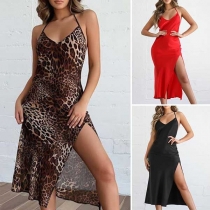 Sexy Backless V-neck Slit Hem Sling Dress