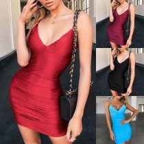 Sexy Backless V-neck Solid Color Sling Tight Dress