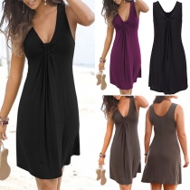 Fashion Solid Color Sleeveless Knotted V-neck Dress