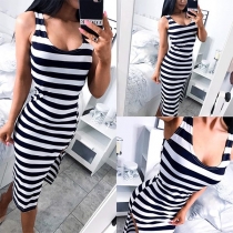 Fashion Slit Hem Round Neck Slim Fit Striped Tank Dress