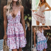 Sexy Backless Deep V-neck Printed Sling Dress