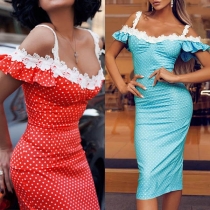 Sexy Off-shoulder Short Sleeve Lace Spliced Dots Printed Sling Dress